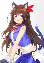 Rule 34 | 1girl, absurdres, animal ear fluff, animal ears, animal hands, bell, blue eyes, blue jacket, blue skirt, blush, breasts, brown hair, cat ears, cat tail, choker, collared shirt, commentary, cowboy shot, eyelashes, gloves, hair between eyes, hair flaps, hair ornament, hair ribbon, highres, hololive, jacket, kemonomimi mode, long hair, looking at viewer, medium breasts, midriff, miniskirt, neck bell, neck ribbon, open clothes, open jacket, open mouth, paw gloves, pleated skirt, red choker, red ribbon, ribbon, satobitob, shirt, simple background, skirt, sleeveless, sleeveless jacket, smile, solo, star (symbol), star hair ornament, tail, tokino sora, tokino sora (1st costume), virtual youtuber, waist cape, whiskers, white background, white shirt, wing collar