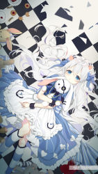 Rule 34 | 1girl, alice (alice in wonderland), alice in wonderland, animal ears, apron, bad id, bad pixiv id, black bow, black bowtie, blue bow, blue dress, blue eyes, blue jacket, blush, bow, bowtie, cat ears, cat tail, closed mouth, club (shape), commission, cookie, cup, diamond (shape), dress, drink, drink me, drinking glass, dutch angle, eat me, eyepatch, food, frilled apron, frills, hair between eyes, hair bow, haruri, heart, highres, hugging object, jacket, kneehighs, long hair, looking at viewer, lying, on back, open clothes, open jacket, plate, print dress, puffy short sleeves, puffy sleeves, ribbon, short sleeves, silver hair, socks, solo, spade (shape), striped bow, striped clothes, striped ribbon, striped socks, striped tail, stuffed animal, stuffed rabbit, stuffed toy, tail, teddy bear, tiger ears, tiger tail, very long hair, white apron, wrist cuffs