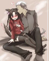 Rule 34 | 00s, 1boy, 1girl, animal ears, archer (fate), black thighhighs, blush, cat ears, cat tail, dark-skinned male, dark skin, dog ears, dog tail, fate/stay night, fate (series), height difference, tail, thighhighs, tohsaka rin, turtleneck, twintails, two side up