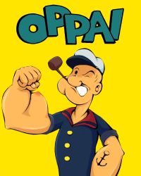 Rule 34 | 1boy, anchor tattoo, bad id, bad pixiv id, breasts, corncob pipe, hat, male focus, misplaced genitals, murasaki kuma, muscular, one-eyed, one eye closed, parody, popeye, popeye the sailor, pun, romaji text, simple background, smoking pipe, solo, tattoo, upper body, what, wink, yellow background