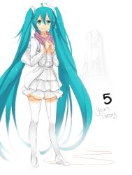 Rule 34 | 1girl, ahoge, aqua eyes, aqua hair, english text, frilled skirt, frills, hair ornament, hatsune miku, jewelry, long hair, magister, necklace, partially colored, scarf, skirt, smile, solo, thighhighs, twintails, unfinished, very long hair, vocaloid, zettai ryouiki