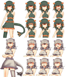 Rule 34 | 2girls, at2., blunt bangs, blush, breasts, closed mouth, collarbone, elder guardian (minecraft), expressions, fang, flat chest, green hair, grey hair, grin, guardian (minecraft), highres, looking at viewer, medium breasts, medium hair, minecraft, multiple girls, parted lips, personification, pink eyes, red eyes, short hair, single eye, smile, tail, teeth