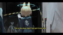 Rule 34 | 1girl, animal ears, blonde hair, blue jacket, caution tape, clothes writing, english text, from behind, glove pull, gloves, highres, jacket, letterboxed, long sleeves, natori youkai, original, short hair, solo, telekinesis, trash bag, white gloves