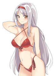 Rule 34 | 10s, 1girl, adjusting hair, arm behind back, bare shoulders, bikini, blush, breasts, brown eyes, cleavage, cowboy shot, female focus, kantai collection, large breasts, long hair, looking at viewer, navel, red bikini, sensen, shoukaku (kancolle), silver hair, simple background, smile, solo, swimsuit, very long hair, white background