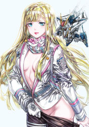 Rule 34 | 1girl, alternate costume, bad id, bad pixiv id, black pants, blonde hair, blue eyes, breasts, chibi, cleavage, gigi andalusia, gloves, greatwhite1122, green eyes, gundam, gundam hathaway&#039;s flash, highres, jacket, long hair, looking at viewer, mecha, medium breasts, mobile suit, pants, pantyhose, robot, scarf, single glove, solo, undressing, v-fin, very long hair, white gloves, white jacket, white scarf, xi gundam