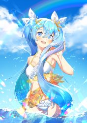 Rule 34 | 1girl, :d, bikini, blue eyes, blue hair, blue sky, blush, bow, breasts, cleavage, cloud, collarbone, cowboy shot, day, floating hair, hair between eyes, hair bow, hair ornament, hatsune miku, long hair, open mouth, outdoors, sky, small breasts, smile, solo, sparkle, standing, summer, suzuki moeko, swimsuit, twintails, very long hair, vocaloid, wading, white bikini, white bow
