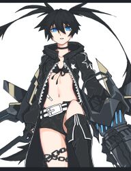 1girl arm_cannon asume06 bikini black_choker black_coat black_gloves black_hair black_rock_shooter black_rock_shooter_(character) black_rock_shooter_(game) black_shorts blue_eyes boots chain choker coat gloves hood hooded_coat long_hair mechanical_wings rock_cannon shorts swimsuit twintails weapon wings