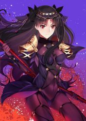 Rule 34 | 1girl, armor, black hair, bodysuit, breasts, cosplay, dual wielding, fate/grand order, fate (series), floral background, flower, gae bolg (fate), holding, ishtar (fate), pauldrons, polearm, purple background, red eyes, scathach (fate), scathach (fate) (cosplay), shoulder armor, skin tight, solo, spear, spider lily, tohsaka rin, twintails, two side up, veil, weapon, yaoshi jun