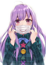 Rule 34 | 1girl, ahoge, blue ribbon, blush, collared shirt, commentary request, green shirt, hata no kokoro, hinoka (allen), long hair, long sleeves, looking at viewer, mask, mouth mask, neck ribbon, pink eyes, plaid, plaid shirt, purple hair, ribbon, shirt, simple background, solo, star (symbol), surgical mask, touhou, triangle, upper body, white background