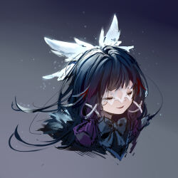 Rule 34 | 1girl, absurdres, black hair, blunt tresses, bow, chinese commentary, closed eyes, columbina (genshin impact), commentary request, cropped shoulders, eye mask, genshin impact, gradient background, hair ornament, hair wings, head wings, highres, multicolored hair, parted hair, parted lips, portrait, shio (shiofeifei), sketch, solo, two-tone hair, white bow, white mask, wing hair ornament, wings, x hair ornament