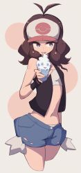 Rule 34 | 1girl, antenna hair, bare shoulders, baseball cap, black vest, blue shorts, brown hair, brown shorts, cowboy shot, creature as food, creatures (company), cropped legs, food, game freak, gen 5 pokemon, hat, hilda (pokemon), ice cream, lamb-oic029, navel, nintendo, panties, panty peek, pokemon, pokemon (creature), pokemon bw, short shorts, shorts, smile, solo, standing, strapless, torn clothes, torn shorts, tube top, underwear, vanillite, vest, wristband