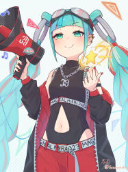 Rule 34 | 1girl, 39, belt, blue eyes, blue hair, blush, braid, chain, chain necklace, clothing cutout, detached hair, ear piercing, goggles, goggles on head, hatsune miku, highres, holding, holding megaphone, jacket, jewelry, leotard, long hair, long sleeves, magical mirai miku, magical mirai miku (2023), megaphone, musical note, nail polish, navel, navel cutout, necklace, off shoulder, pants, piercing, smile, solo, star (symbol), twin braids, very long hair, vocaloid, yasuno-labo
