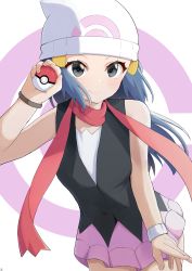 Rule 34 | 1girl, absurdres, aftamc, bare shoulders, beanie, black vest, blue eyes, blue hair, blush, bracelet, breasts, closed mouth, cowboy shot, creatures (company), dawn (pokemon), dutch angle, fingernails, game freak, hand up, hat, highres, holding, holding poke ball, jewelry, leaning forward, long hair, nintendo, pink skirt, poke ball, pokemon, pokemon dppt, red scarf, scarf, sidelocks, simple background, skirt, sleeveless, small breasts, smile, solo, standing, v-shaped eyebrows, vest, white background, white hat