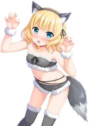 Rule 34 | 1girl, 7fuji 06, animal collar, animal costume, animal ears, bell, blonde hair, blue eyes, blush, breasts, claw pose, collar, fake animal ears, fake tail, fang, fur-trimmed shorts, fur-trimmed thighhighs, fur-trimmed tube top, fur trim, gochuumon wa usagi desu ka?, hairband, kirima syaro, long hair, looking at viewer, micro shorts, navel, neck bell, nose blush, open mouth, shorts, small breasts, solo, strapless, tail, thighhighs, tube top, v-shaped eyebrows, white background, wolf costume, wolf ears, wolf tail, wrist cuffs