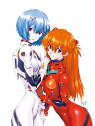 Rule 34 | 2girls, ayanami rei, blue eyes, blue hair, blush, breasts, brown hair, curvy, grabbing another&#039;s hand, hair between eyes, highres, interface headset, lips, long hair, looking at viewer, multiple girls, neon genesis evangelion, official art, plugsuit, red eyes, sadamoto yoshiyuki, shiny clothes, short hair, simple background, skin tight, smile, souryuu asuka langley, twintails, very long hair, white background, wide hips