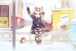 Rule 34 | 1girl, :o, arknights, arm support, arm up, belt, belt buckle, black belt, black footwear, black gloves, black shirt, black shorts, boots, brown eyes, brown hair, buckle, chmingjing, dress, fire truck, full body, gloves, helmet, knee pads, long sleeves, motor vehicle, on railing, open mouth, outstretched arm, railing, see-through, see-through dress, shaw (arknights), shirt, short hair, shorts, sitting, solo, squirrel, squirrel girl, squirrel tail, tail, teeth, truck, upper teeth only, white headwear