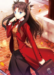 Rule 34 | 1girl, autumn leaves, black hair, blue eyes, briefcase, fate/stay night, fate (series), from side, fuyuki (neigedhiver), hair ribbon, highres, long hair, pantyhose, ribbon, skirt, solo, thighhighs, tohsaka rin, two side up