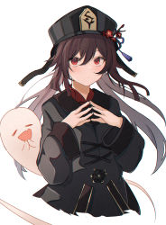 Rule 34 | 1girl, black hat, blush, brown hair, chinese clothes, closed eyes, genshin impact, ghost, hat, highres, hu tao (genshin impact), long sleeves, red eyes, simple background, smile, solo, top hat, white background, yui081