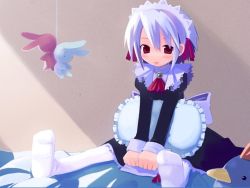Rule 34 | 1girl, :d, ascot, blush, brooch, female focus, frilled pillow, frills, harada takehito, indoors, jewelry, juliet sleeves, kotonomiya yuki, long sleeves, looking at viewer, maid, maid headdress, open mouth, pantyhose, pillow, puffy sleeves, red eyes, shade, short hair, silver hair, sitting, smile, solo, stuffed animal, stuffed rabbit, stuffed toy, suigetsu, white pantyhose