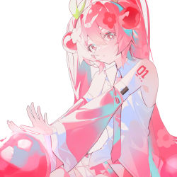 Rule 34 | 1girl, absurdres, bare shoulders, cherry, cherry hair ornament, collar, collared shirt, detached sleeves, flower, food, food-themed hair ornament, fruit, hair between eyes, hair flower, hair ornament, hatsune miku, highres, long hair, long sleeves, looking at viewer, necktie, parted lips, petals, pink eyes, pink necktie, pink skirt, pink theme, pleated skirt, qtian, red flower, red hair, sakura miku, shirt, skirt, sleeveless, sleeveless shirt, solo, twintails, upper body, vocaloid