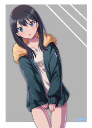 Rule 34 | 10s, 1girl, :o, azuma kei, black hair, blue eyes, blush, commentary request, grey background, gridman universe, jacket, long sleeves, looking at viewer, short hair, signature, solo, ssss.gridman, takarada rikka