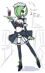 Rule 34 | 1girl, alternate costume, awesome face, breasts, cleavage, clothed pokemon, costume, creatures (company), cup, drink, drinking straw, enmaided, game freak, gardevoir, garter belt, gen 1 pokemon, gen 3 pokemon, groin, ikanomaru, kirlia, koffing, lingerie, maid, maid headdress, medium breasts, nintendo, panties, pokemon, pokemon (creature), red eyes, ribbon, smile, solo, thighhighs, translated, underwear, waitress