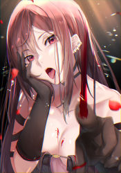 Rule 34 | 1girl, absurdres, bare shoulders, black dress, black gloves, blood, breasts, brown hair, center opening, choker, cleavage, collarbone, dress, earrings, elbow gloves, fate/grand order, fate (series), gloves, highres, jewelry, large breasts, long hair, looking at viewer, multiple earrings, open mouth, red eyes, revealing clothes, ribbon-trimmed dress, solo, strapless, strapless dress, very long hair, yu mei-ren (fate), yufou