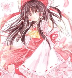 Rule 34 | 1girl, ascot, bare shoulders, blush, bow, brown hair, commentary, detached sleeves, flower, hair bow, hair ribbon, hair tubes, hakurei reimu, head tilt, large bow, long hair, long skirt, looking at viewer, miyui, one-hour drawing challenge, petals, petticoat, red eyes, ribbon, ribbon-trimmed sleeves, ribbon trim, sketch, skirt, sleeves past wrists, smile, solo, touhou, very long hair