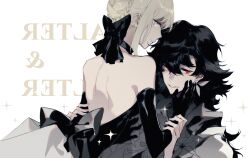Rule 34 | 1boy, 1girl, argon (caocaocaocaocao), artoria pendragon (all), artoria pendragon (fate), bare back, bare shoulders, black bow, black dress, black gloves, black hair, blonde hair, bow, braid, braided bun, choker, dark persona, dress, earrings, english text, fate/grand order, fate (series), french braid, gloves, green eyes, hair between eyes, hair bun, hand on another&#039;s face, highres, jewelry, long hair, looking at viewer, lying, lying on person, merlin (fate), red eyes, saber alter, smile, sparkle, upper body, white background