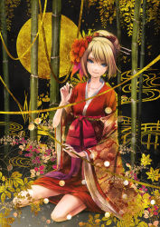 Rule 34 | 1girl, alternate hairstyle, bad id, bad pixiv id, blonde hair, blue eyes, flower, hair flower, hair ornament, highres, japanese clothes, kagamine rin, kimono, sitting, smile, solo, vocaloid, zuoyou
