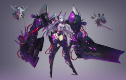 Rule 34 | 1girl, breasts, cannon, commentary request, drone, extra arms, full body, gradient background, grey background, grey hair, headgear, highres, large breasts, long hair, looking at viewer, mecha musume, mechanical arms, mytea (soso), original, pale skin, purple background, red eyes, solo, standing, straitjacket, tube, very long hair