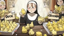 Rule 34 | 3girls, arrow (symbol), banana, basket, bird, box, cheese, chick, chicken, clumsy nun (diva), diva (hyxpk), doll, duck, duckling, food, frog, fruit, glasses nun (diva), highres, hungry nun (diva), lemon, little nuns (diva), multiple girls, nun, object on head, orange (fruit), out of frame, poster (object), queue, rubber duck, sign, traditional nun, wavy mouth