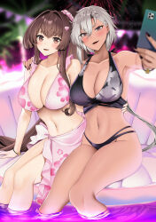 Rule 34 | 2girls, absurdres, alternate costume, arm around waist, asymmetrical bangs, bikini, black bikini, black nails, blurry, breasts, brown eyes, brown hair, cleavage, collarbone, commentary request, dark-skinned female, dark skin, depth of field, fireworks, grey hair, hand on another&#039;s shoulder, high ponytail, highres, holding, holding phone, kantai collection, large breasts, long hair, looking at phone, multiple girls, musashi (kancolle), night, night sky, open mouth, oyster, partially submerged, phone, pink bikini, sarong, selfie, shell hair ornament, sitting, sky, smile, swimsuit, very long hair, yamato (kancolle), yunamaro