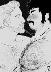 Rule 34 | 2boys, bara, beard, beard stubble, blush, chest hair, couple, doctor anfelo, earrings, facial hair, foreplay, from side, goatee, greyscale, hairy, highres, implied sex, jewelry, large pectorals, long sideburns, looking at another, male focus, mature male, monochrome, multiple boys, muscular, muscular male, mustache, nipples, nude, original, pectorals, profile, sanpaku, short hair, sideburns, sideburns stubble, stubble, sweat, thick eyebrows, thick mustache, upper body, yaoi