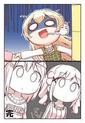 Rule 34 | 2koma, 3girls, :|, absurdres, bang dream!, beanie, blonde hair, closed mouth, clothes writing, color drain, comic, dress, giving up the ghost, gloom (expression), hair bobbles, hair ornament, hairclip, half updo, halo, hat, highres, holding hands, houndstooth, ichigaya arisa, jewelry, kyou (fr39), long hair, long sleeves, messy hair, multiple girls, necklace, o o, okusawa misaki, open mouth, pinafore dress, ribbed sweater, shirasagi chisato, shirt, sleeveless dress, sparkle, sweater, translation request, turn pale, twintails, white shirt, x hair ornament