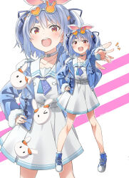 Rule 34 | &gt; o, 1girl, absurdres, animal ears, blue hair, blue jacket, carrot hair ornament, collar, collarbone, delf, dress, eyewear on head, food-themed hair ornament, full body, hair between eyes, hair ornament, hair ribbon, hand on own hip, highres, hololive, jacket, long sleeves, looking at viewer, multicolored hair, one eye closed, open clothes, open jacket, open mouth, orange eyes, pekomon (usada pekora), rabbit ears, rabbit girl, ribbon, round teeth, sailor collar, sailor dress, shoes, short dress, simple background, smile, sneakers, standing, streaked hair, sunglasses, teeth, thick eyebrows, twitter username, two-tone hair, two side up, usada pekora, usada pekora (casual), virtual youtuber, white collar, white dress, white footwear, white hair, white sailor collar, zoom layer