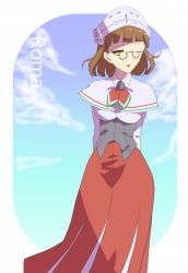 Rule 34 | 10s, 1girl, blunt bangs, brown eyes, brown hair, capelet, character name, detached sleeves, glasses, headdress, kantai collection, neckerchief, pince-nez, roma (kancolle), salt (artist), salt (withm), shirt, skirt, sleeveless, sleeveless shirt, solo, wavy hair
