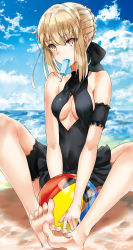 Rule 34 | absurdres, alter (kxk7357), artoria pendragon (alter swimsuit rider) (fate), artoria pendragon (alter swimsuit rider) (first ascension) (fate), artoria pendragon (fate), ball, bare arms, bare shoulders, barefoot, beachball, black one-piece swimsuit, braid, breasts, cleavage cutout, clothing cutout, cloud, commentary request, day, fate/grand order, fate (series), food, hair ribbon, highres, in mouth, looking at viewer, medium breasts, ocean, one-piece swimsuit, outdoors, popsicle, ribbon, solo, swimsuit, yellow eyes