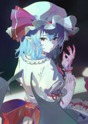 1girl absurdres ascot bat_wings blood blood_on_face blood_on_hands blue_hair dress hat hat_ribbon highres looking_at_viewer looking_back mob_cap pink_hat pointy_ears red_ascot red_eyes remilia_scarlet ribbon short_hair solo toga_(toganawa) touhou white_dress wings wrist_cuffs