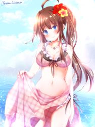 Rule 34 | 10s, alternate hairstyle, bad id, bad pixiv id, blue eyes, blush, breasts, brown hair, cleavage, collarbone, flower, hair flower, hair ornament, jewelry, kantai collection, kongou (kancolle), large breasts, long hair, looking at viewer, navel, necklace, ponytail, sakura romu, smile, solo, sparkle, twitter username