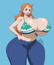 Rule 34 | 1girl, absolutedima, bikini, bikini top only, breasts, covered erect nipples, curvy, denim, earrings, female focus, gigantic breasts, hands on own hips, highres, jeans, jewelry, long hair, looking at viewer, nami (one piece), navel, one piece, orange hair, pants, skindentation, solo, tattoo, thick thighs, thighs, wide hips
