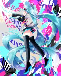Rule 34 | 1girl, absurdly long hair, absurdres, aqua hair, aqua necktie, bare shoulders, belt, black skirt, black sleeves, black thighhighs, blouse, boots, colorful, commentary, detached sleeves, from behind, from below, full body, grey shirt, hair ornament, hatsune miku, headphones, highres, koyubisennti, long hair, lyrics, midair, miniskirt, multicolored clothes, necktie, outstretched arm, pleated skirt, shirt, shoulder tattoo, skirt, sleeveless, sleeveless shirt, solo, song name, splatter, standing, tattoo, tell your world (vocaloid), thigh boots, thighhighs, twintails, very long hair, vocaloid