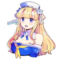 Rule 34 | 1girl, blonde hair, blue shirt, breasts, cleavage, double bun, eto (etonomemo1008), fletcher (kancolle), hair bun, hair ornament, hairband, kantai collection, large breasts, long hair, looking at viewer, neckerchief, off shoulder, open mouth, purple eyes, sailor collar, school uniform, shirt, signature, skirt, smile, solo, star (symbol), star hair ornament, twitter username, upper body, white background, white sailor collar, white skirt, yellow neckerchief