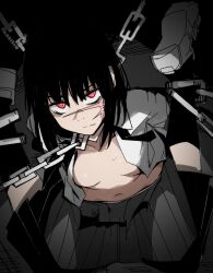 Rule 34 | 1girl, black hair, black socks, breasts, chain, chainsaw man, highres, kneehighs, long hair, looking at viewer, navel, nns (sobchan), open clothes, pleated skirt, red eyes, ringed eyes, scar, scar on face, school uniform, sitting, skirt, small breasts, socks, solo, wariza, yoru (chainsaw man)