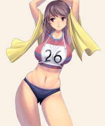 Rule 34 | 1girl, armpits, arms up, breasts, brown eyes, brown hair, cowboy shot, crop top, female focus, kouno (masao), large breasts, long hair, navel, original, shiny skin, simple background, skindentation, solo, towel, track and field, track uniform, wedgie