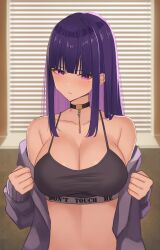 Rule 34 | 1girl, bare shoulders, black bra, black choker, window blinds, blunt bangs, bra, breasts, choker, cleavage, clothes writing, colored inner hair, grey jacket, highres, indoors, jacket, large breasts, long sleeves, looking at viewer, mole, mole under eye, multicolored hair, open clothes, open jacket, original, purple eyes, purple hair, solo, spaghetti strap, two-tone hair, underwear, undressing, wabimochi