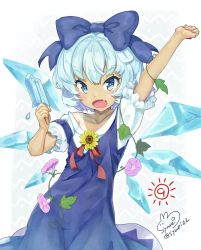 Rule 34 | 1girl, arm up, artist name, blue bow, blue dress, blue eyes, blue hair, bow, cirno, collarbone, commentary request, dress, duplicate, fang, flower, food, frilled sleeves, frills, hair bow, holding, holding food, looking at viewer, open mouth, popsicle, puffy short sleeves, puffy sleeves, short sleeves, signature, solo, sunflower, syuri22, tan, tanline, tanned cirno, touhou, twitter username