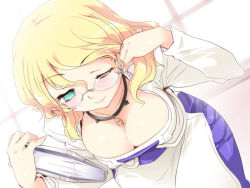 Rule 34 | 1girl, :&gt;, adjusting hair, aqua eyes, player character (mabinogi), blonde hair, blush, book, breasts, character request, cleavage, downblouse, earrings, glasses, jewelry, large breasts, long hair, mabinogi, naughty face, necklace, one eye closed, petenshi (dr. vermilion), solo, teasing, wink