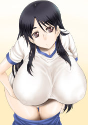 Rule 34 | 1girl, bent over, black hair, breasts, clothes pull, covered erect nipples, fukiyose seiri, gradient background, gym shorts, gym uniform, hanging breasts, head tilt, highres, huge breasts, impossible clothes, impossible shirt, kutani, large areolae, long hair, looking at viewer, no bra, parted bangs, puffy nipples, pulled by self, purple eyes, shirt, short sleeves, shorts, shorts pull, sidelocks, solo, thigh gap, toaru majutsu no index, toaru majutsu no index: old testament, undressing, very long hair, yellow background