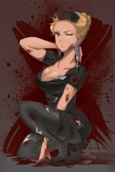 Rule 34 | 1girl, ;o, bad id, bad pixiv id, black pantyhose, blonde hair, blood, blood on face, blood stain, breasts, cleavage, dorohedoro, earrings, hair up, hat, jewelry, mintcinnamon, noi (dorohedoro), nurse, nurse cap, one eye closed, on one knee, pantyhose, red eyes, solo, wink